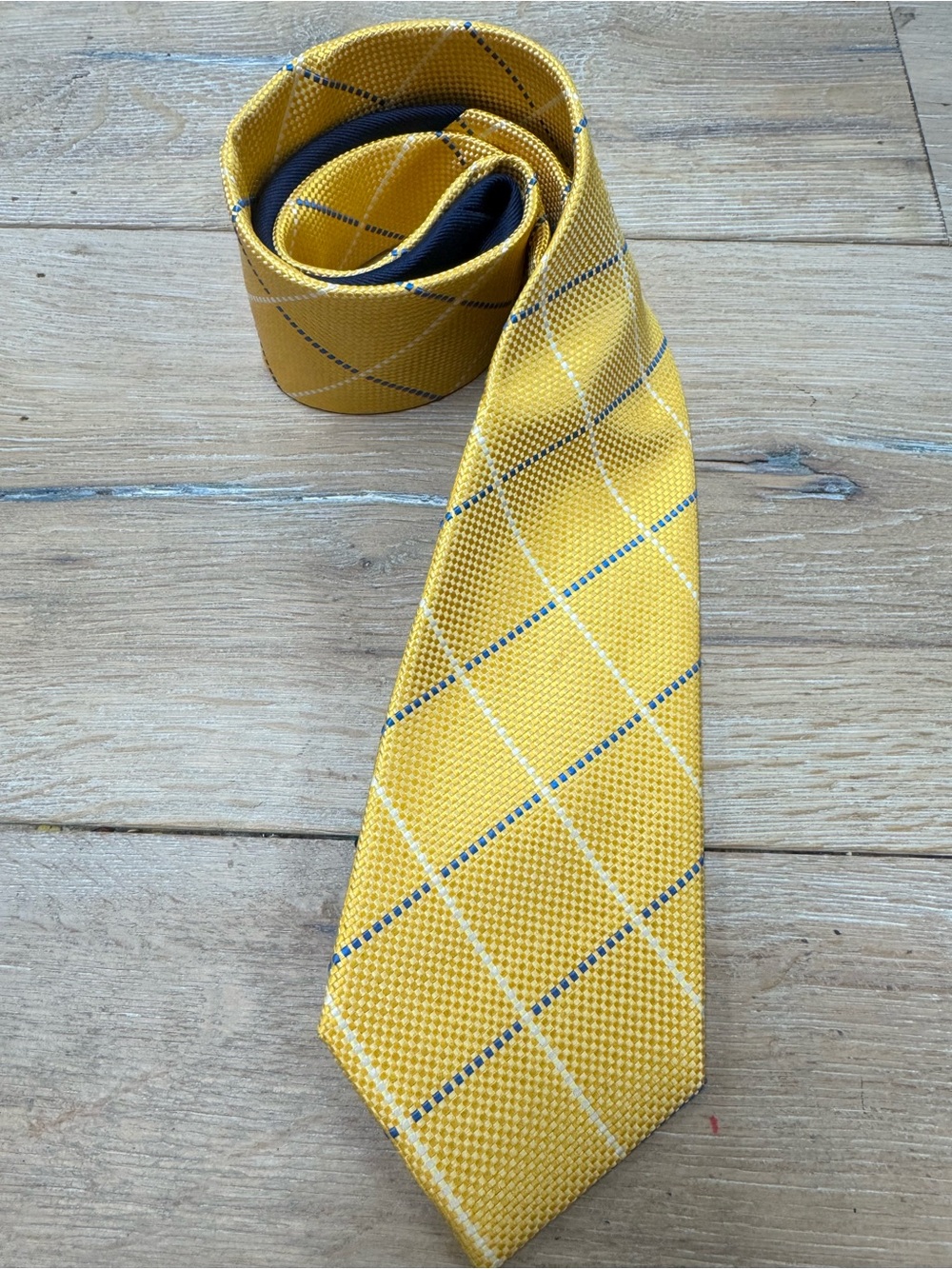 Tommy Hilfiger Yellow Windowpane Silk Tie with Navy and White Accents